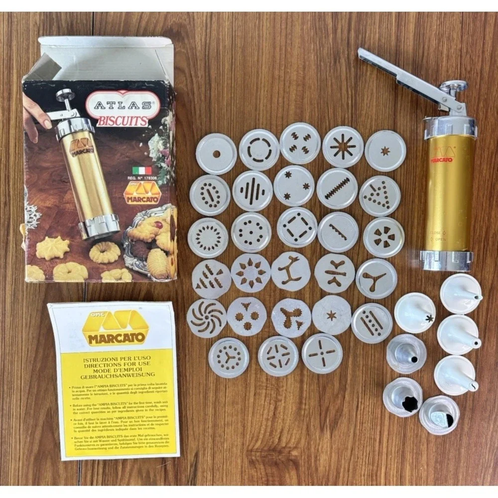 Vintage Marcato‎ Atlas Biscuit Maker Cookie Press w/28 Attachments NEW Italy